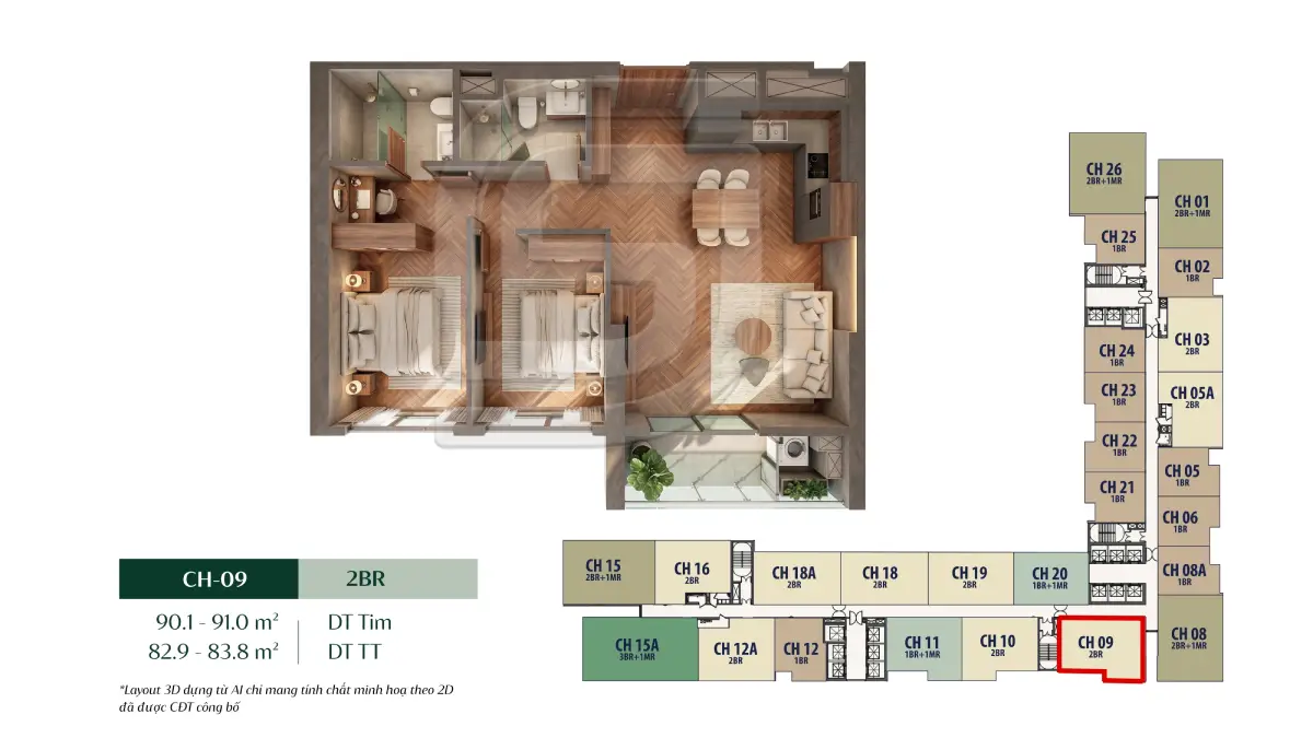 Căn hộ 2PN (2BR) phân khu The Bloom