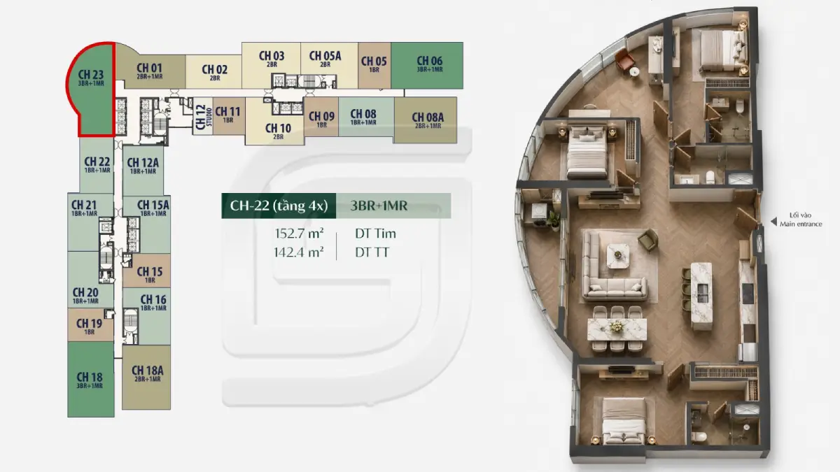 Căn hộ 3PN + (3BR + 1MR) phân khu The Bloom
