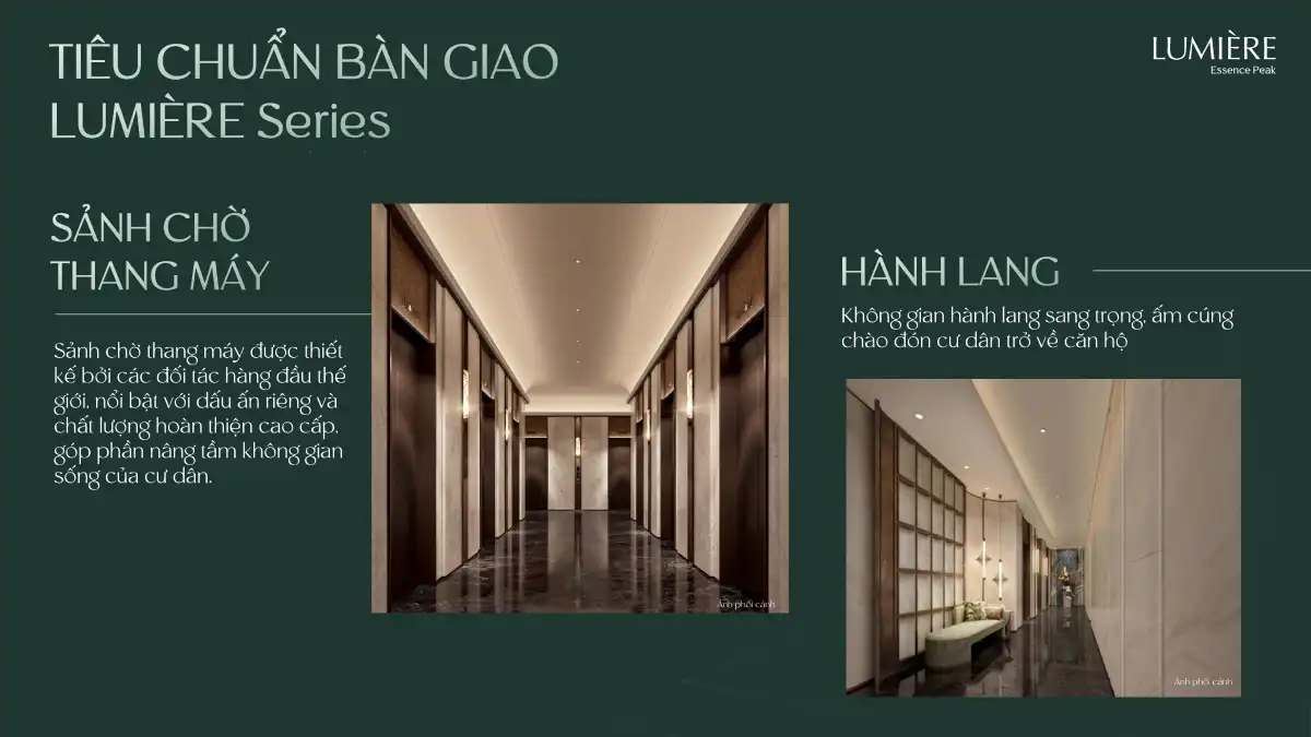 Sảnh thang máy và hành lang căn hộ LUMIÈRE Essence Peak