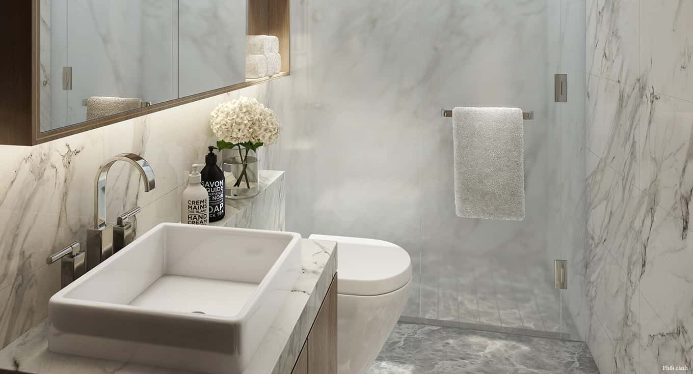 Phòng tắm được bàn giao với trang thiết bị đầy đủ