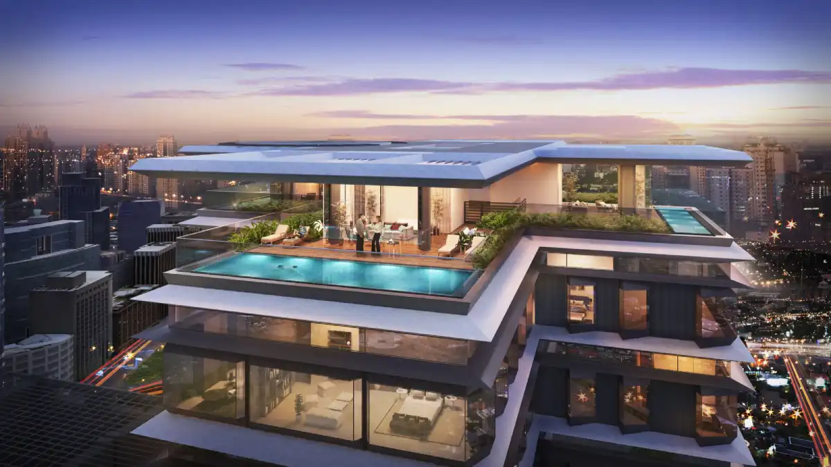 Căn penthouse hiện đại với hồ bơi riêng trên sân thượng và tầm nhìn toàn cảnh thành phố lúc hoàng hôn
