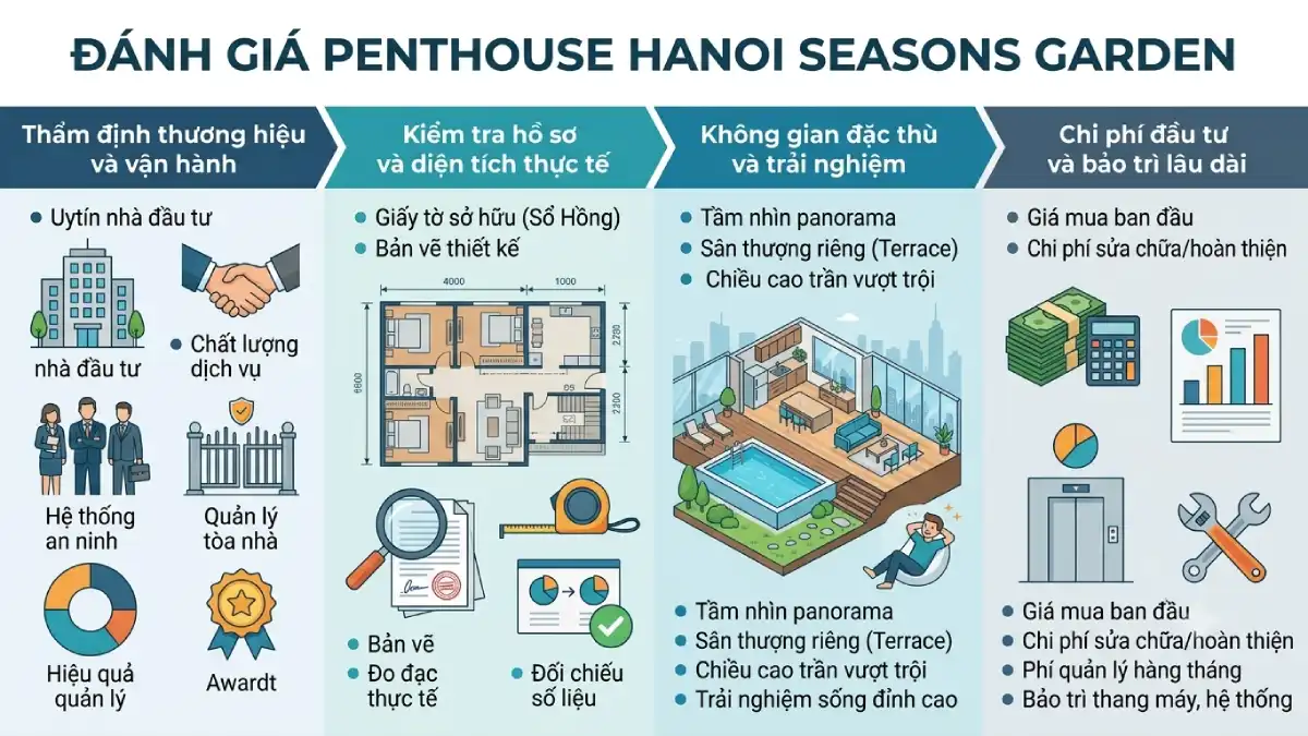 Các tiêu chí đánh giá căn hộ penthouse Hanoi Seasons Garden về thương hiệu, hồ sơ, không gian và chi phí đầu tư