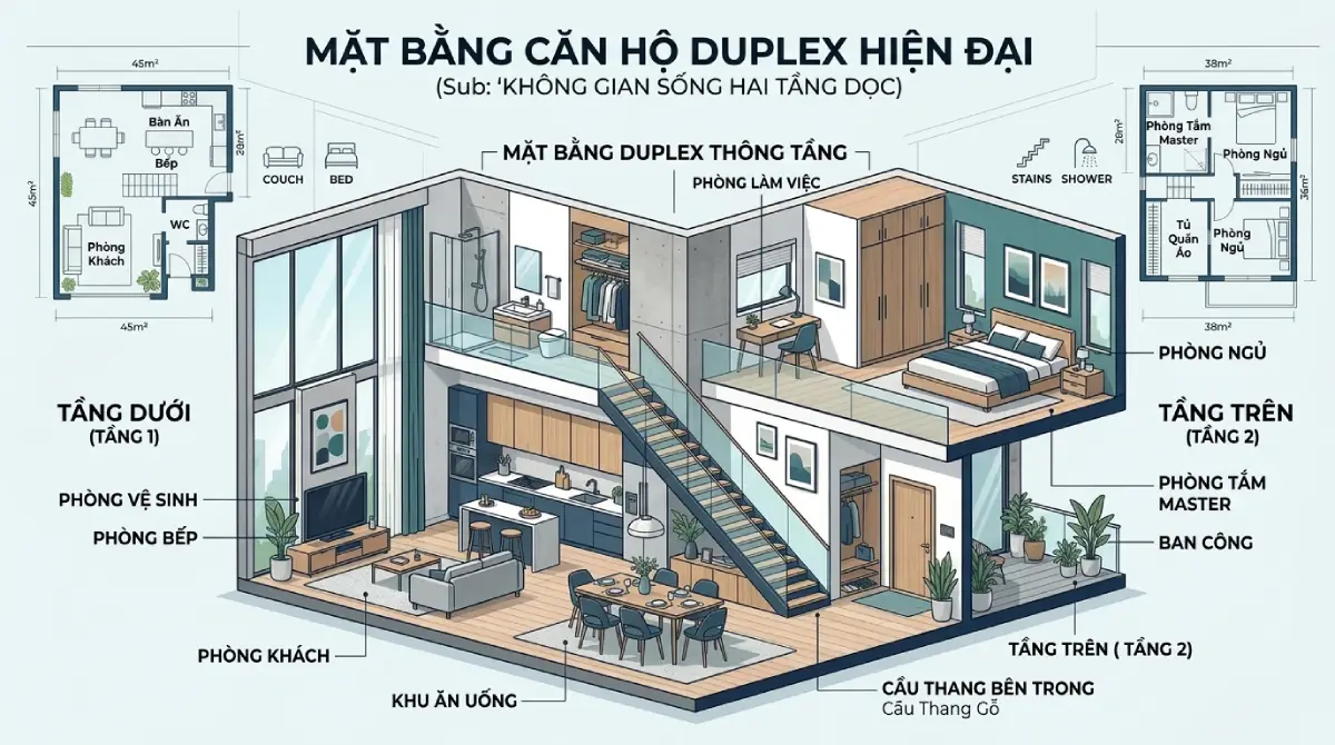 Mặt bằng thiết kế căn hộ thông tầng Duplex - phân khu The Bloom