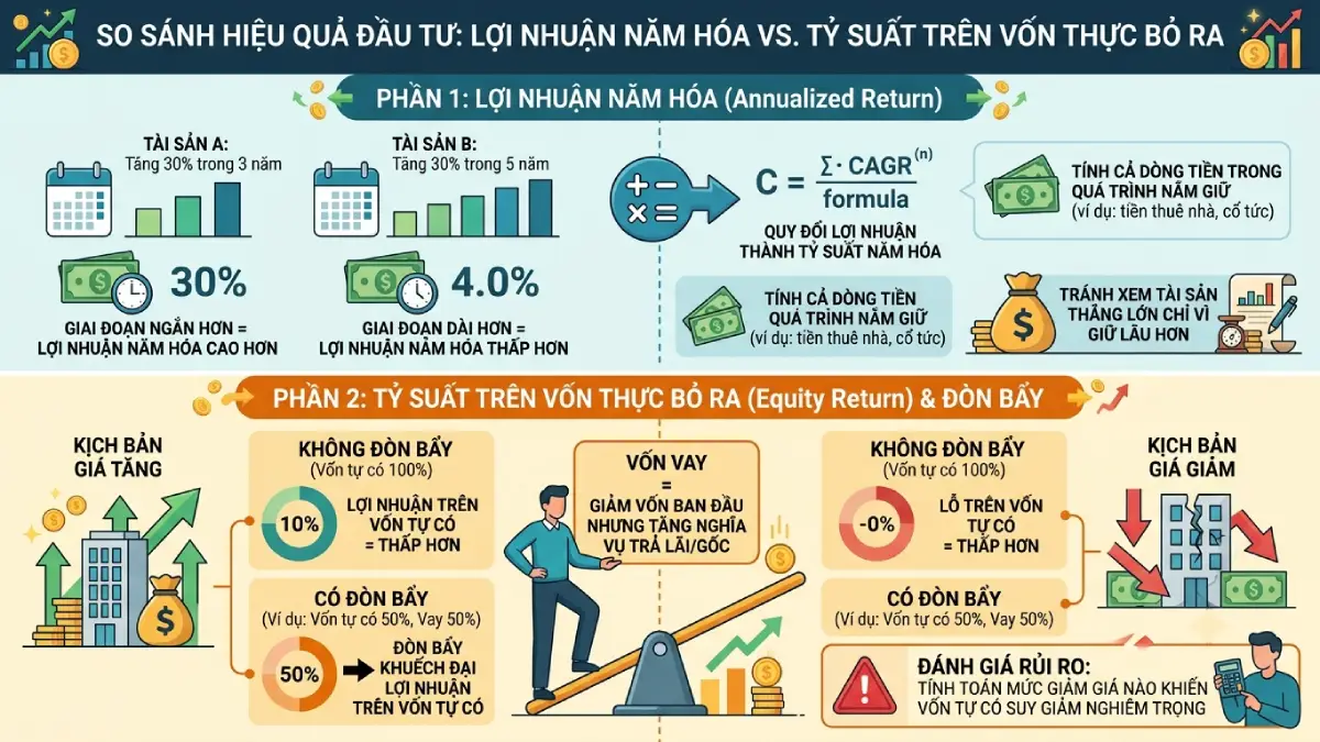 So sánh hiệu quả đầu tư: lợi nhuận năm với tỷ suất trên vốn thực