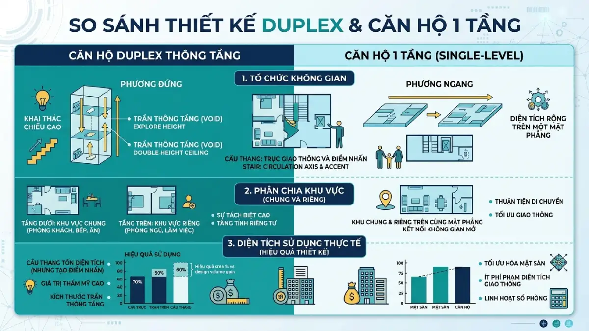 So sánh thiết kế căn Duplex thông tầng và căn hộ 1 tầng