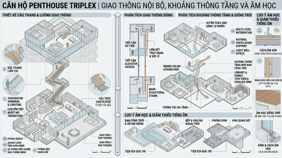 Thiết kế căn hộ penthouse triplex với cầu thang liên tầng, giếng trời, khoảng thông tầng và giải pháp cách âm