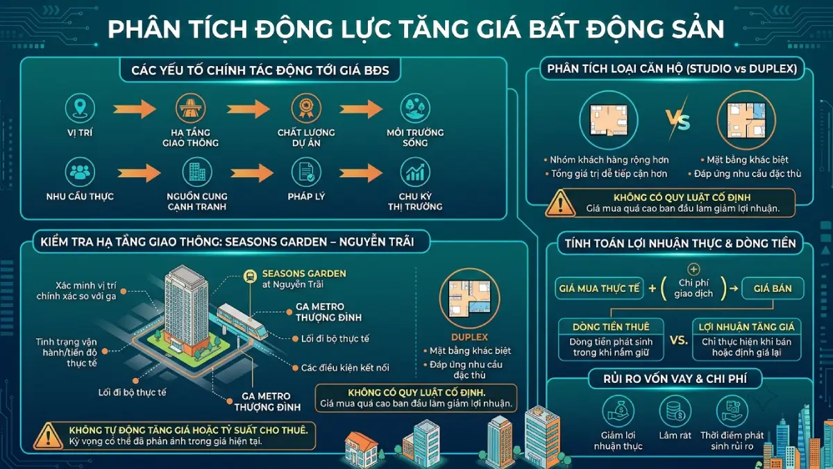 Phân tích động lực tăng giá căn hộ Seasons Garden Nguyễn Trãi, hạ tầng, căn hộ studio và duplex, lợi nhuận và rủi ro đầu tư