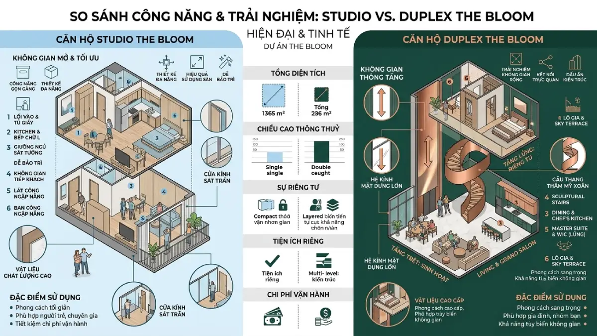 So sánh công năng căn Studio và căn Duplex